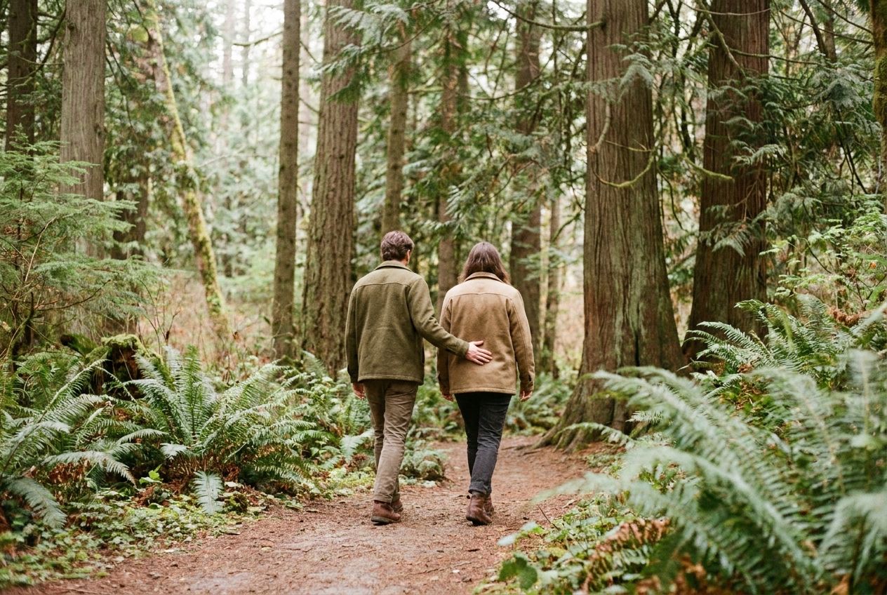 Two people walking side by side on a forest trail