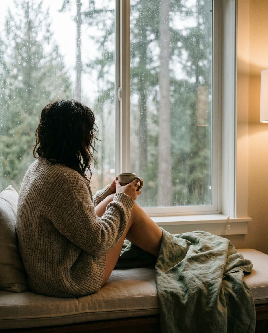 A woman on a window seat looking out at evergreens in the rain
