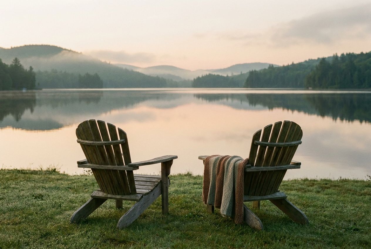 Two chairs on a lakeshore at dawn